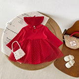 Spring New Design Baby Red Long Sleeves Mesh Onesie Dress For Girls