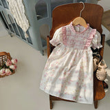 Summer Baby Kids Girls Short Sleeves Ruffle Neck Pink Floral Dress - MyKids-USA™