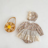 Spring/Autumn Baby Girls Floral And Fruits Print Lace Mesh Princess Onesie Dress