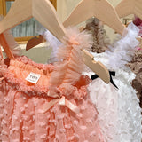 Summer Baby Kids Girls Sleeveless Solid Color 3D Butterfly Bows Design Mesh Design Strap Dress
