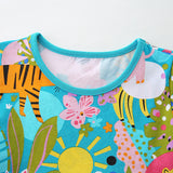 Summer Pure Cotton Cartoon Jungle Animals Pattern Short Sleeves Dress for Stylish Girls