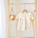 Baby Girls Floral Print Embroidered Lace Patchwork Design Doll-Neck Onesies Dress