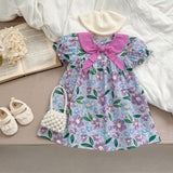 New Arrival Summer Girls Floral Print Short Sleeves Bow Design Collar Dress