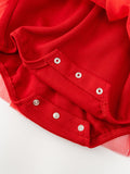 Autumn Tulle Dress Design Baby Girls Color Patchwork Long Sleeves Onesies with Stand Collar and Butterfly Bows