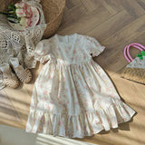 French Design Summer Baby Kids Girls Short Sleeves Square Neck Floral Dress