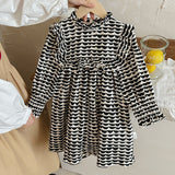 Arrival Autumn Girls Wave Print Stand Collar Ruffle Hem Dress