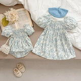 New Design Summer Girls Square Neck Short Puff Sleeves Floral Print Onesies And Dress – Princess Sister Matching Set - MyKids-USA™