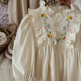 Arrival Autumn Girls Simple Ruffle Neck Long Sleeves Vine and Flowers Pattern Dress - MyKids-USA™