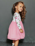 Design Autumn Girls Flowers Pattern Crew Neck Long Sleeves Pink Tulle Patchwork Princess Dress