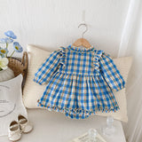 Autumn Arrival Baby Girls Long Sleeves Floral Plaid Ruffle Neck Onesies Dress - MyKids-USA™