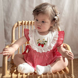 Summer Arrival Baby Cute Plaid Sleeveless Strawberry Embroidered Onesies