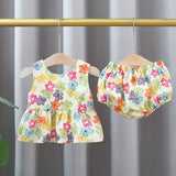 Summer Baby Kids Girls Colorful Flowers Pattern Sleeveless Top Dress And Bloomers And Hairband Clothing Set