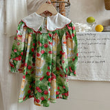 Arrival Autumn Girls Vivid Cherry and Teddy Pattern Long Sleeves Dress with Embroidery Collar