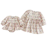 New Design Autumn Floral Print Baby Kids Crew Neck Patchwork Onesies And Dress – Princess Sister Matching Set