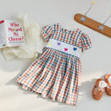 Summer Girls Short Sleeves Colorful Plaid Heart Embroidery Dress