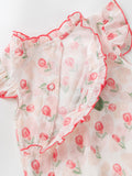 Summer New Design Baby Girls Red Rose Flowers Pattern Fly Sleeves Ruffle Neck Sweet Cute Onesies