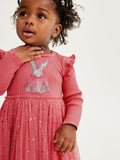 Design Autumn Girls Cartoon Rabbit Pattern Crew Neck Long Sleeves Tulle Patchwork Dress