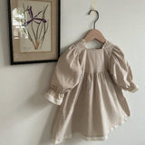 Spring Baby Girls Solid Color Square Neck Princess Dress - MyKids-USA™
