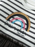 Best Selling Autumn Girls Rainbow And Striped Pattern Crew Neck Long Sleeves Tulle Patchwork Dress