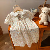 Summer Arrival Baby Kids Girls Cute Short Sleeves Teddy Pattern Embroidered Floral Dress