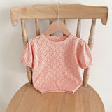 Summer Arrival Baby Kids Girls Comfortable Heart Pattern Knitted Short Sleeves Top