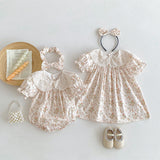 Summer Girls Flowers And Animals Pattern Short Sleeves Hollow Out Collar Onesies And Dress – Sister Matching Clothing Set