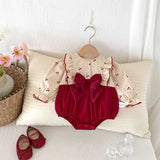 Autumn Arrival Baby Girls Long Sleeves Cherry Print Princess Butterfly-Bows Attached Onesies