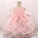 Baby Girl Embroidered Pattern Medium Sleeves One Year Old Tutu Formal Dress - MyKids-USA™