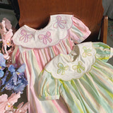 Summer Arrival Baby Kids Girls Short Sleeves Geometric Pattern Embroidered Striped Dress