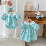 Design Summer Girls Flowers Pattern Short Sleeves Hollow Out Collar Onesies And Dress – Sister Matching Clothing Set