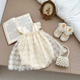 Summer Baby Girls Solid Color Rose Embroidery Lace Mesh Sleeveless Princess Onesie Dress