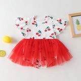 Baby Girl Cherry Print Pattern Mesh Patchwork Design Round-Collar Short-Sleeved Summer Dress Onesies