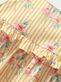 New Design Summer Girls Sleeveless Flowers Print Yellow Striped Strap Dress - MyKids-USA™