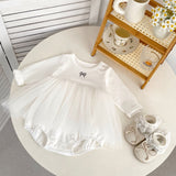 Spring Arrival Baby Girls Long Sleeves Crew Neck Onesies Bodysuits Tulle Patchwork Dress