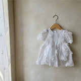 Summer Hot Selling Baby Kids Girls Short Sleeves Flowers Pattern Solid Color Princess Dress