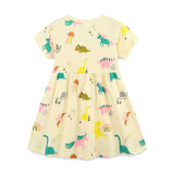 Summer Pure Cotton Colorful Rainbow and Dinosaur Pattern Short Sleeves Yellow Dress for Stylish Girls