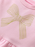 Best Selling Cheap Autumn Girls Bows Pattern Crew Neck Long Sleeves Casual Pink Dress
