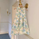 Summer Baby Kids Girls Sleeveless Oil-Painting Flowers Pattern Dress