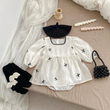 Autumn Bows Pattern Embroidery Design Long Sleeve Square Neck Onesies Dress for Girls - MyKids-USA™