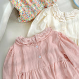 Arrival Autumn Girls Simple Cartoon Embroidery Pattern Long Sleeves Hollow-out Collar Dress