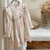 Arrival French Style Autumn Girls Floral Pattern Long Sleeves Ruffle Dress