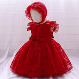 Baby Girl Solid Color Mesh Overlay Design Formal Baptism Birthday Gift Dress With Hat - MyKids-USA™