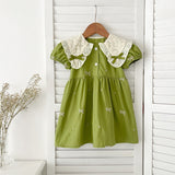 Design Summer Baby Kids Girls Floral Pattern Collar Short Sleeves Bows Embroidery Onesies and Girls’ Dress – Princess Sister Matching - MyKids-USA™
