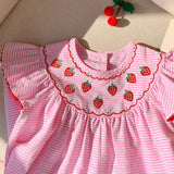Summer Arrival Baby Kids Girls Cute Fly Sleeves Strawberry Pattern Striped Dress