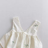 New Arrival Summer Baby Kids Girls Solid Color Striped Pattern Short Sleeves Ruffle Neck Top Shirt And Thin Floral Embroidery Strap Onesies – Baby Girls Matching Clothing Set - MyKids-USA™