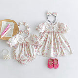 Summer Girls Flowers Pattern Short Sleeves Hollow Out Collar Onesies And Dress – Sister Matching Clothing Set