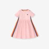 Summer Puppy Logo Short-sleeved Striped Dress with Crew Neck for Stylish Girls