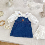 Arrival Autumn Baby Girls Cartoon Embroidery Pattern Long Sleeves Top and Denim Strap Dress Clothing Set