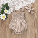 Baby Girls Solid Color Sleeveless Summer Shirred Bodysuit Onesies & Headband