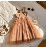 Summer Baby Kids Girls French Sleeveless Flowers Pattern Mesh Patchwork Design Strap Dress